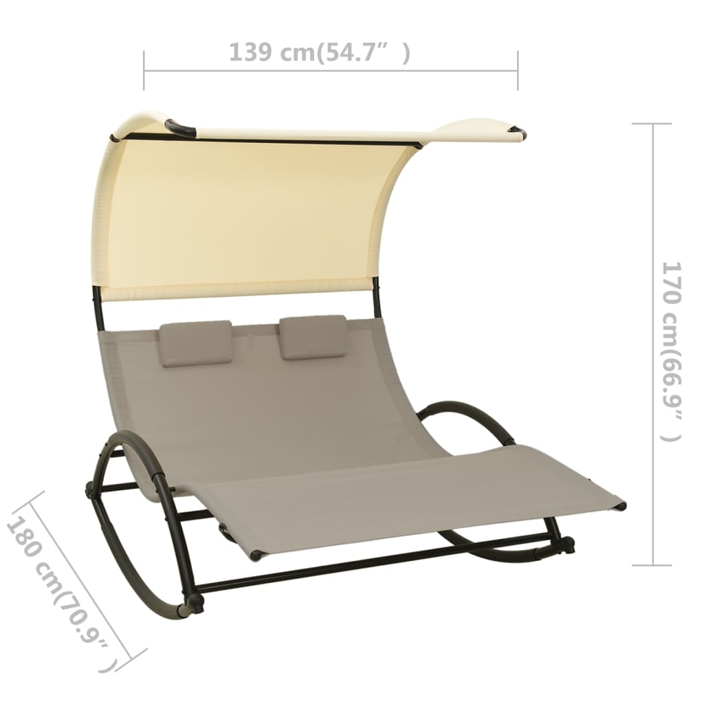 Tumbona Doble Con Toldo Textilene Color Gris Taupe Y Crema