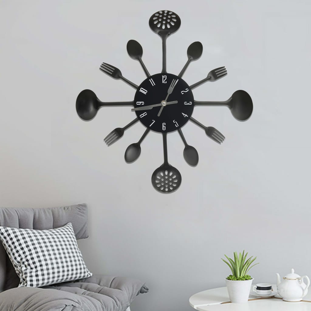 Reloj De Pared Diseño Cuchara Y Tenedor Negro 40 Cm Aluminio