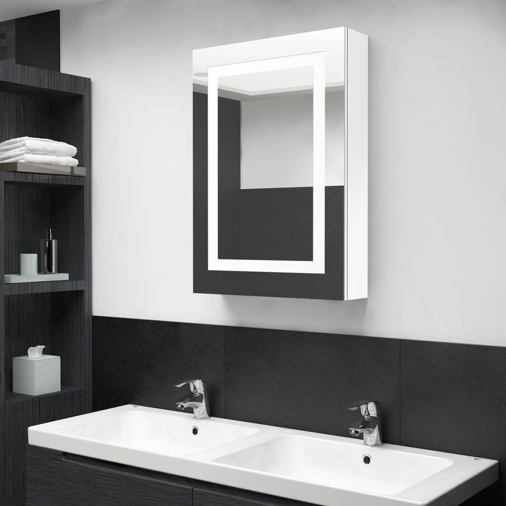 Armario De Baño Con Espejo Led Blanco Brillante 50X13X70 Cm