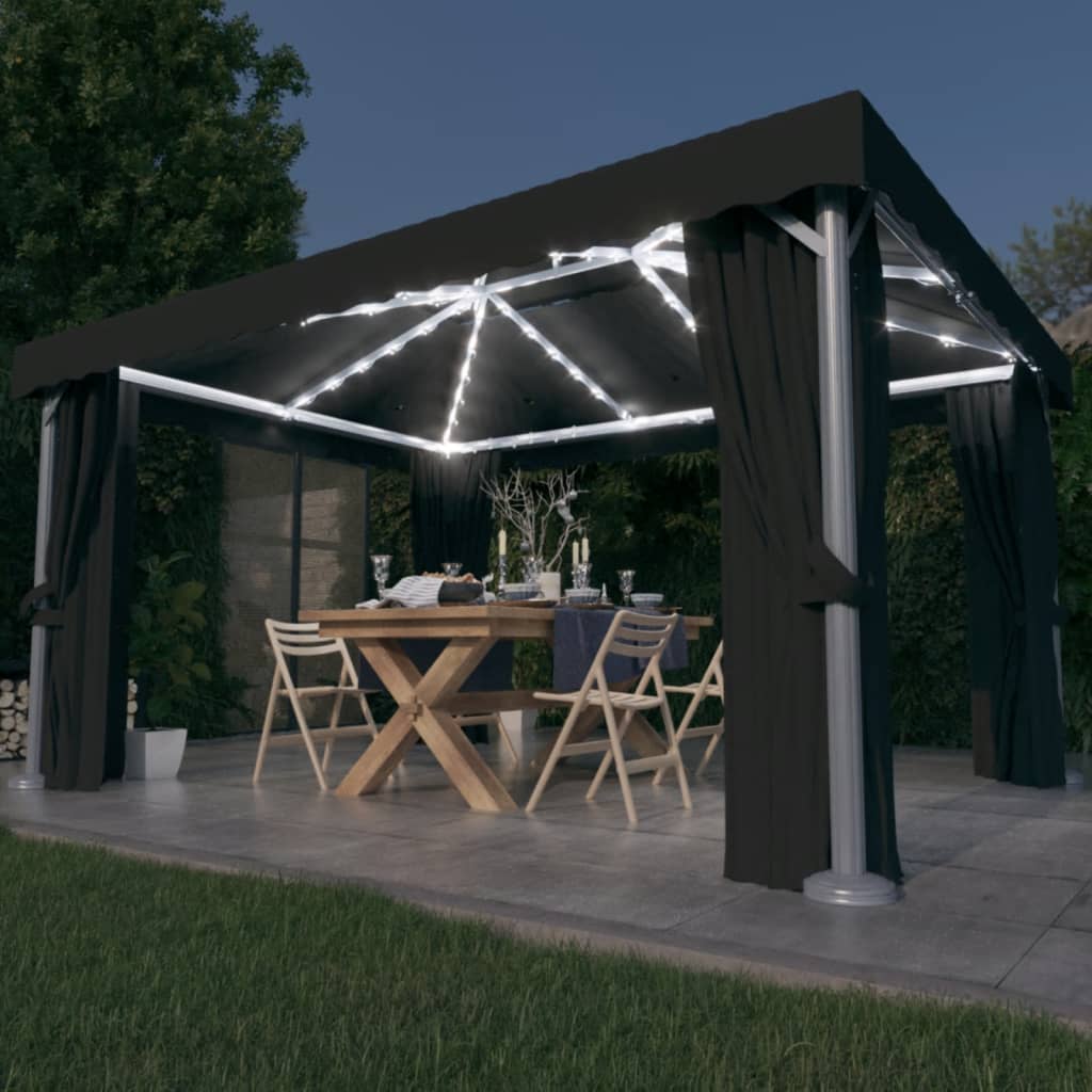 Cenador Con Cortina Y Tira De Luz Led Aluminio