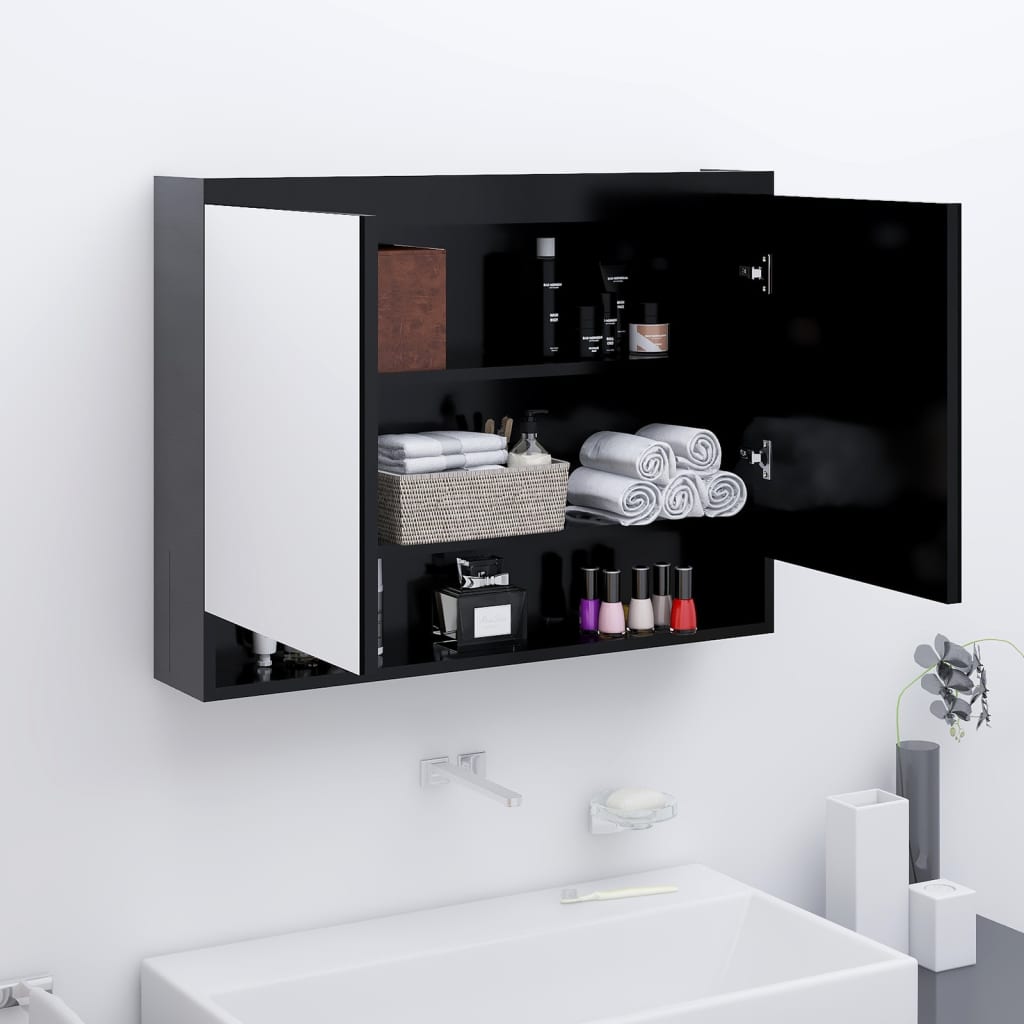 Armario De Baño Con Espejo Mdf Negro Brillante 80X15X60 Cm