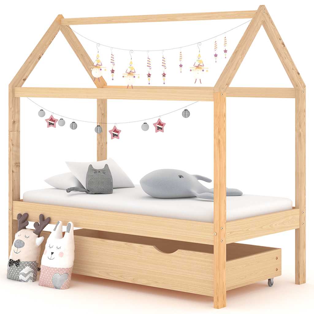 Estructura De Cama Infantil Y Cajón Madera Pino Blanca 70X140Cm