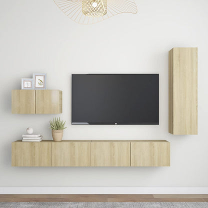 Conjunto De Mueble De Tv Con Cajón 4 Pcs Roble Artesanal