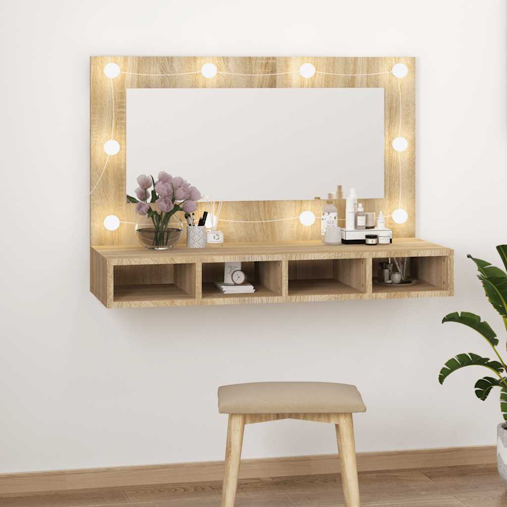 Armario Con Espejo Y Led Roble Artesano 90X31,5X62 Cm