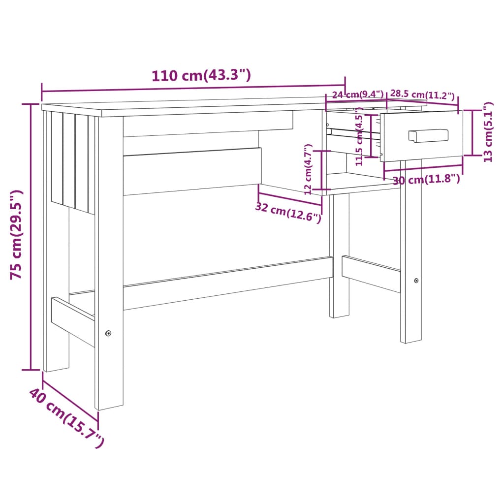 Escritorio Hamar Madera Maciza Pino 110X40X75 Cm