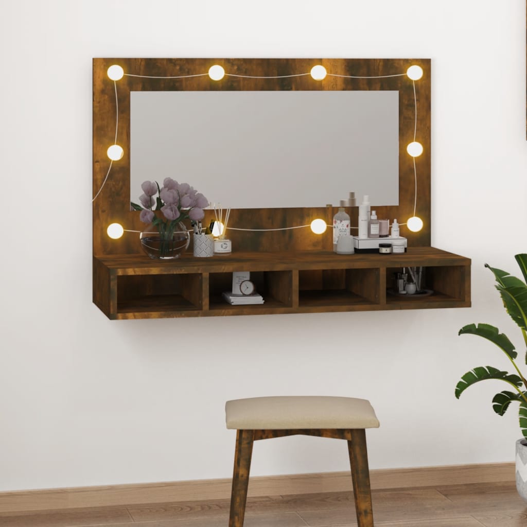 Armario Con Espejo Y Led Roble Artesano 90X31,5X62 Cm