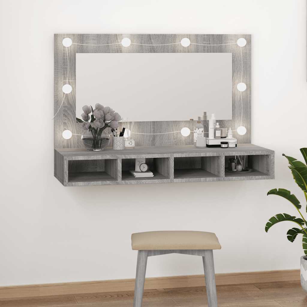 Armario Con Espejo Y Led Roble Artesano 90X31,5X62 Cm