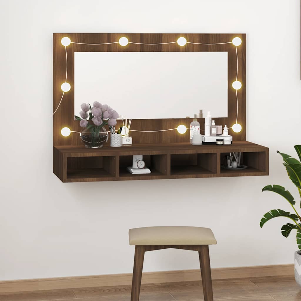 Armario Con Espejo Y Led Roble Artesano 90X31,5X62 Cm
