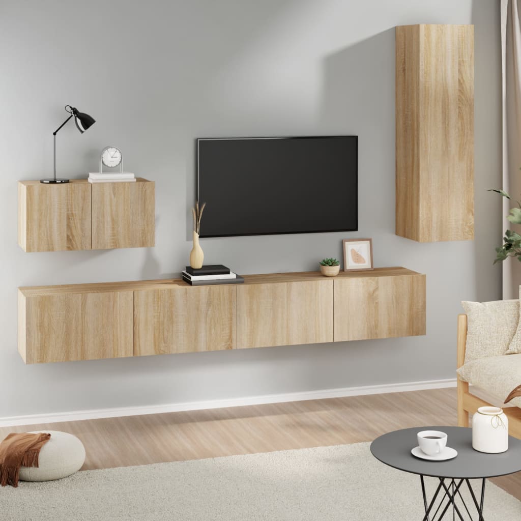 Mueble De Tv De Pared Montaje En La Pared 4 Pcs Roble Artesanal