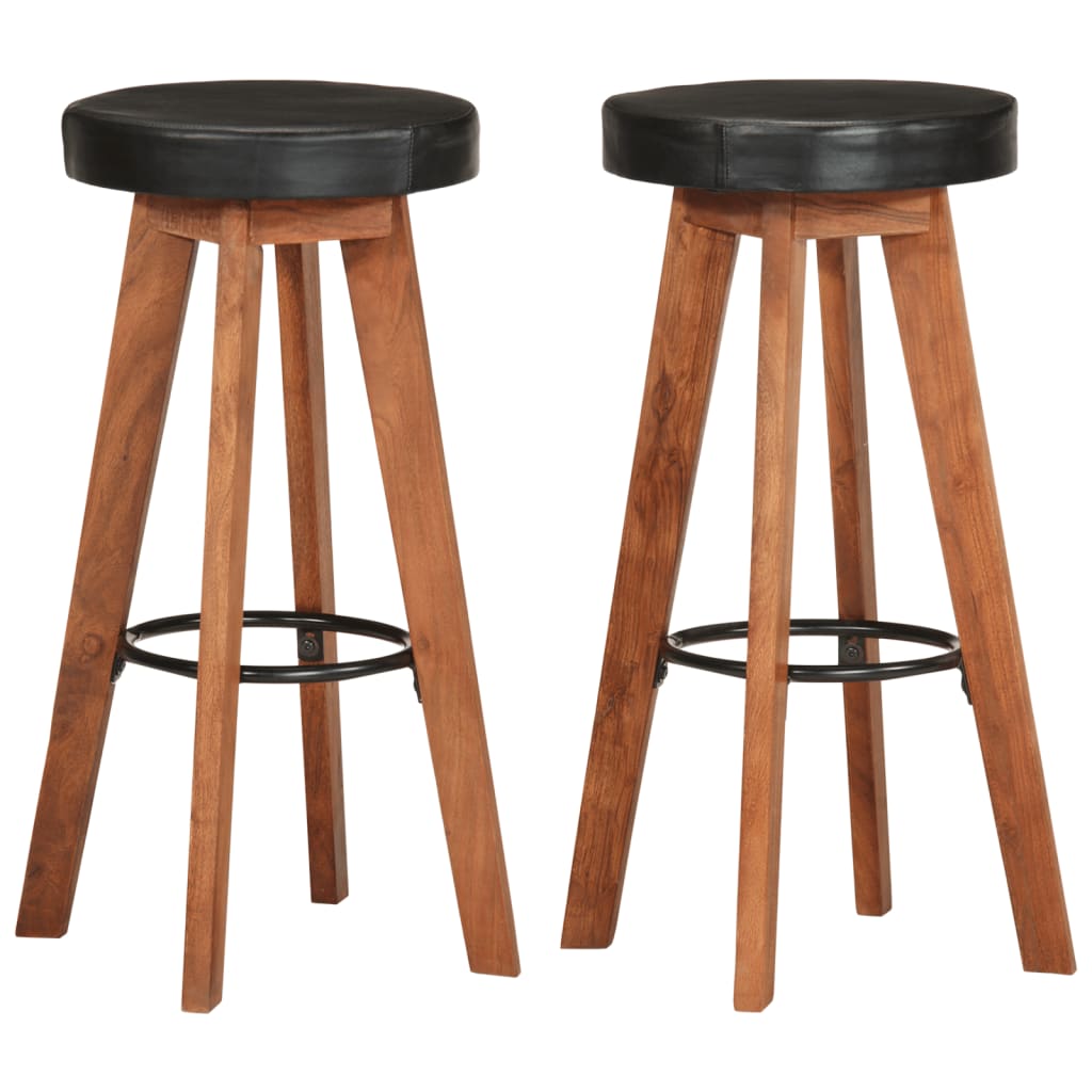 Taburetes De Cocina 2 Uds Cuero Auténtico Madera Maciza Acacia