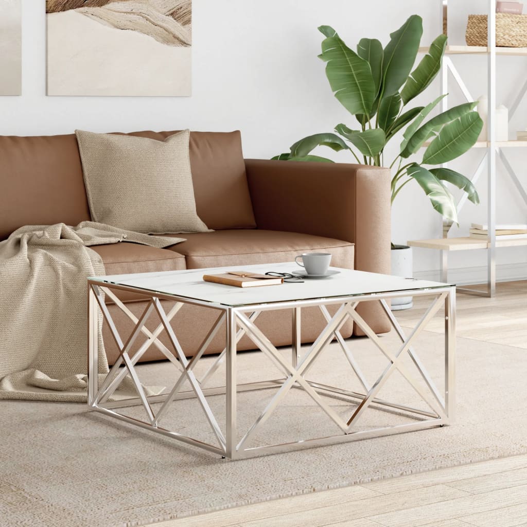 Mesa De Centro Acero Inoxidable Y Vidrio Plateado 80X80X40 Cm