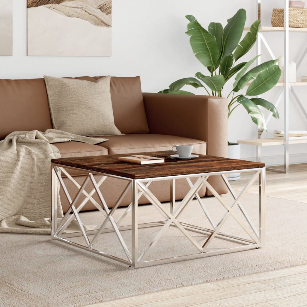 Mesa De Centro Acero Inoxidable Y Vidrio Plateado 80X80X40 Cm