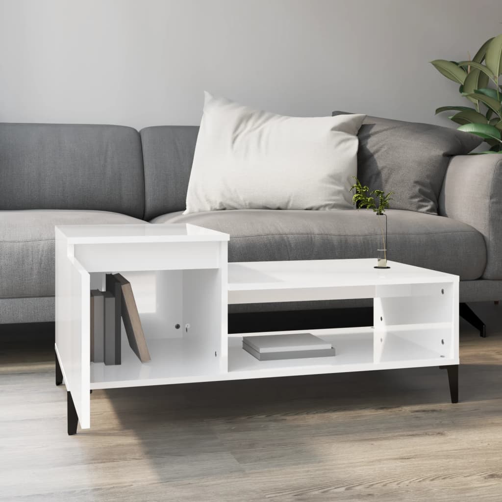 Mesa De Centro Madera Contrachapada Blanco Brillo 100X50X45 Cm