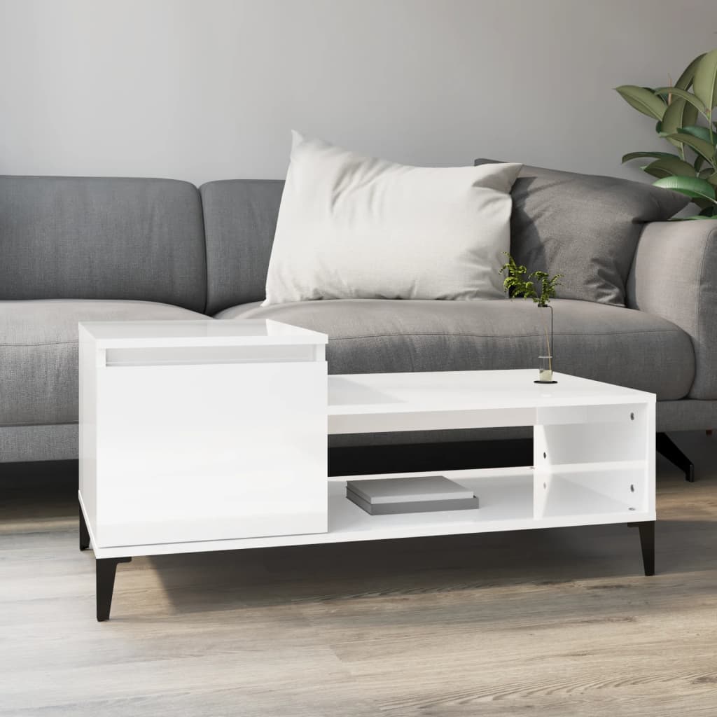 Mesa De Centro Madera Contrachapada Blanco Brillo 100X50X45 Cm