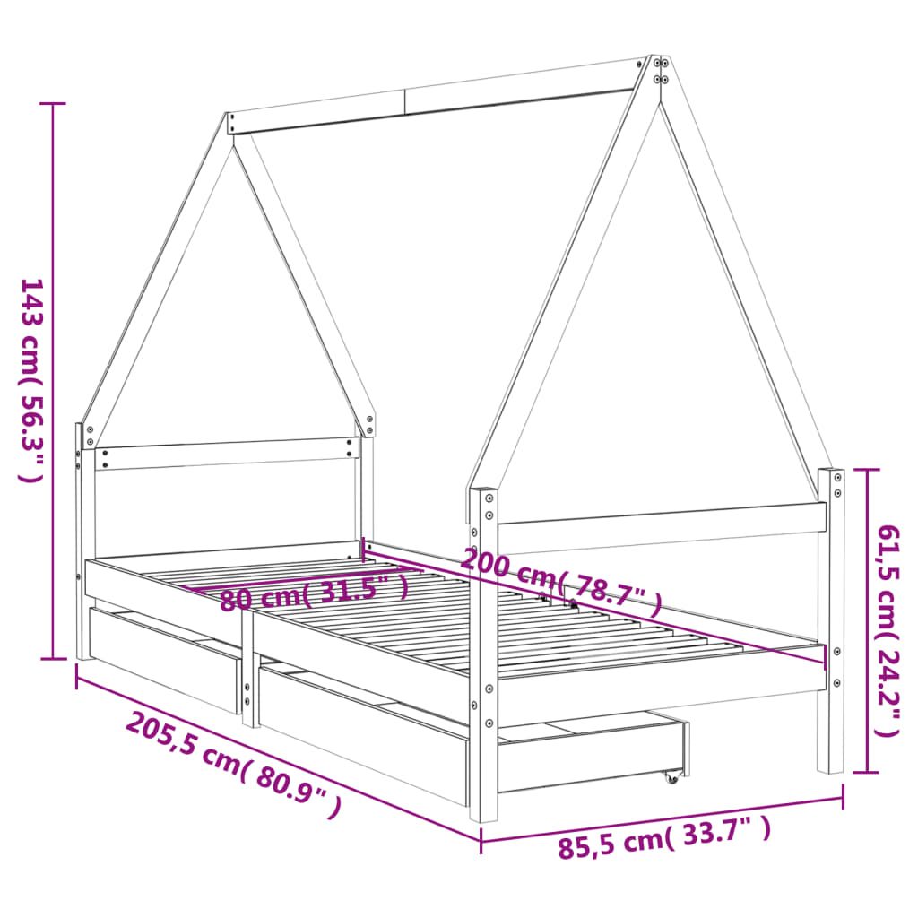 Estructura De Cama Niños Con Cajones Madera Pino 80X200Cm
