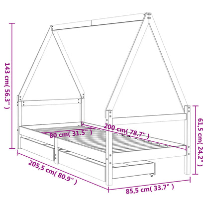 Estructura De Cama Niños Con Cajones Madera Pino 80X200Cm