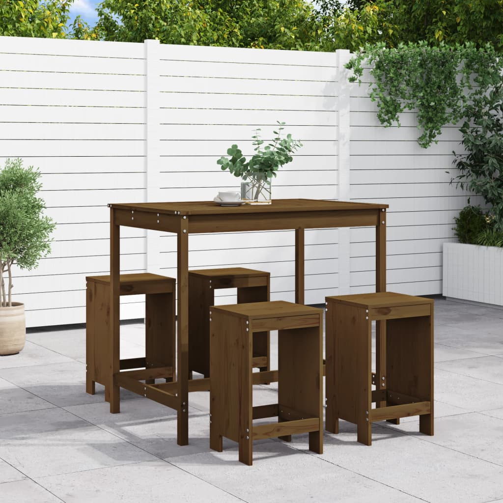 Mesa Y Taburetes Altos De Jardín 5 Pzas Madera