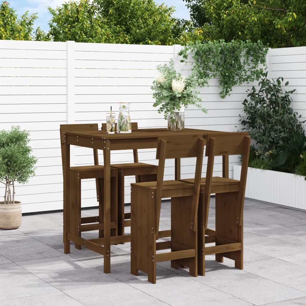 Set De Mesa Y Taburetes Altos Jardín 5 Piezas Madera