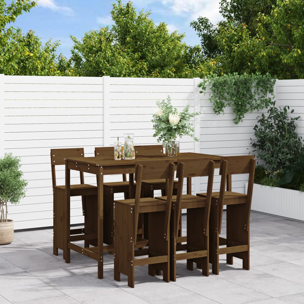 Set De Mesa Y Taburetes Altos Jardín 7 Piezas Madera