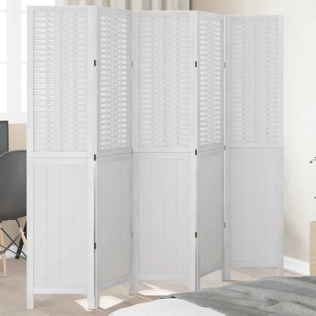 Biombo Separador De 5 Paneles Madera Maciza Paulownia Blanco