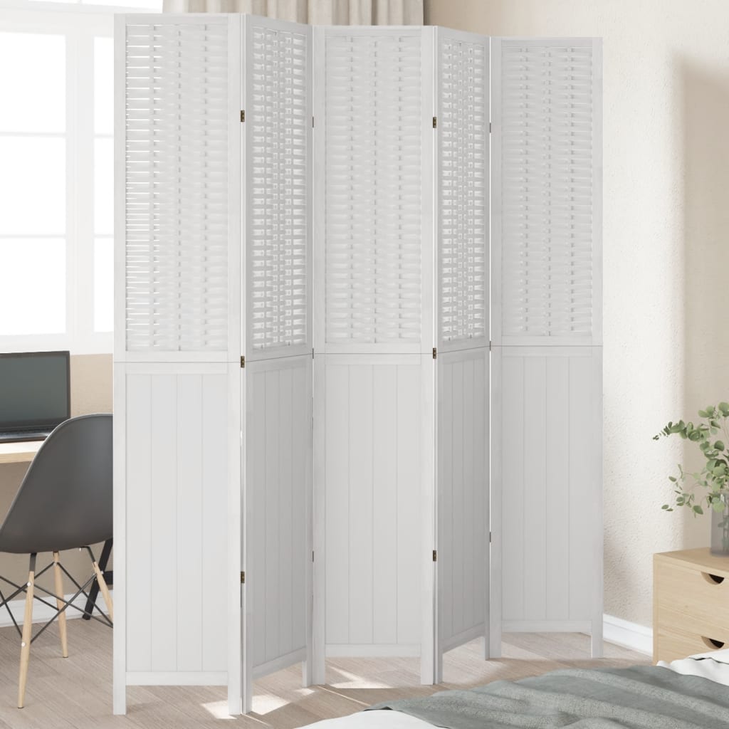 Biombo Separador De 5 Paneles Madera Maciza Paulownia Blanco
