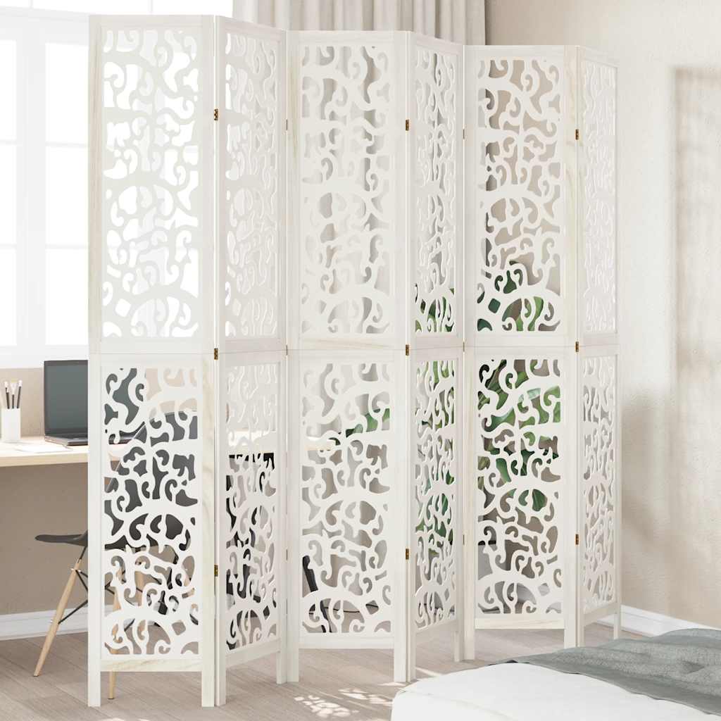 Biombo Separador De 6 Paneles Madera Maciza Paulownia Blanco