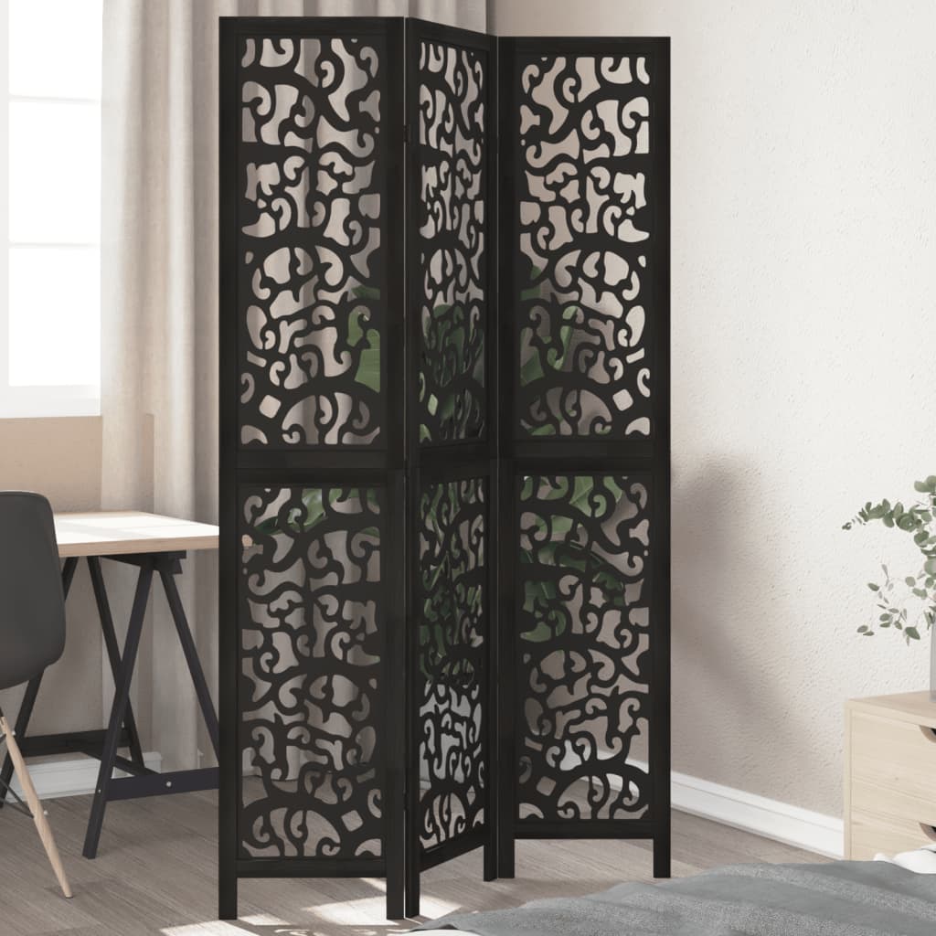 Biombo Separador De 4 Paneles Madera Maciza Paulownia Negro