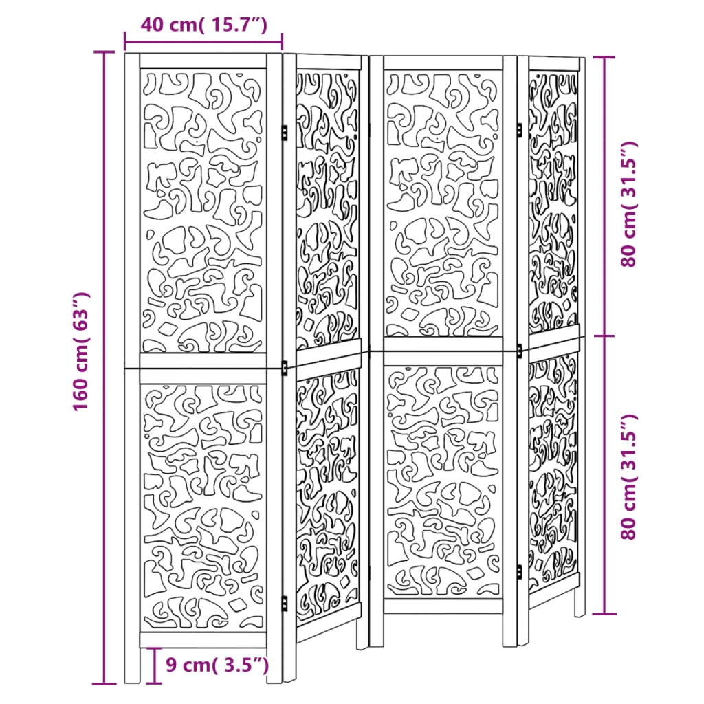 Biombo Separador De 4 Paneles Madera Maciza Paulownia Negro