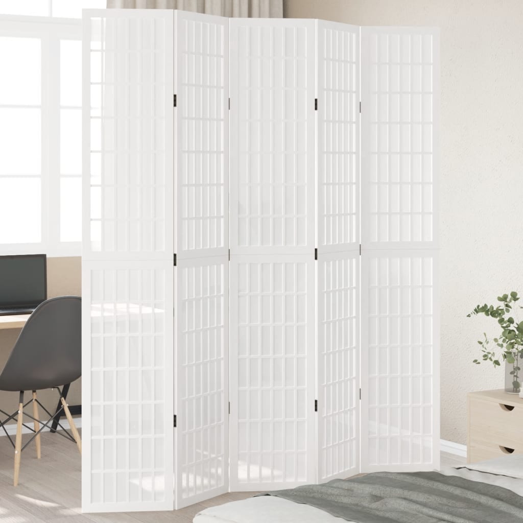 Biombo Separador De 5 Paneles Madera Maciza Paulownia Blanco