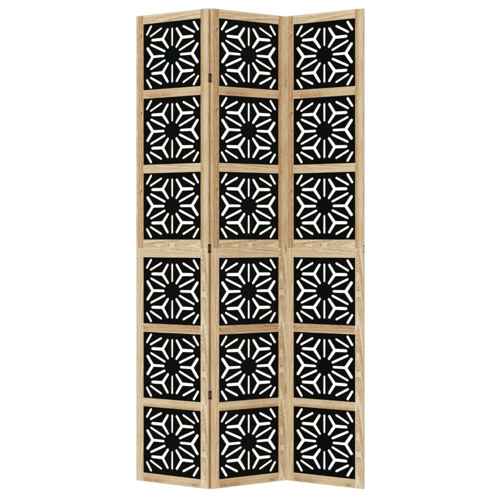Biombo Separador 3 Paneles Madera Maciza Paulownia Marrón Negro