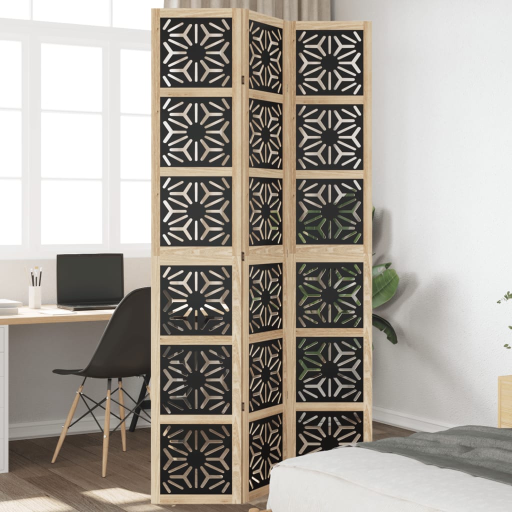 Biombo Separador 3 Paneles Madera Maciza Paulownia Marrón Negro