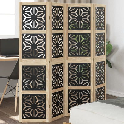 Biombo Separador 3 Paneles Madera Maciza Paulownia Marrón Negro