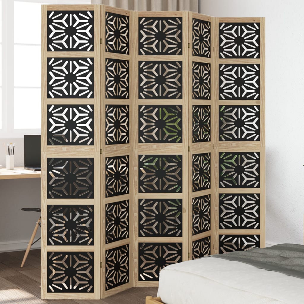 Biombo Separador 3 Paneles Madera Maciza Paulownia Marrón Negro