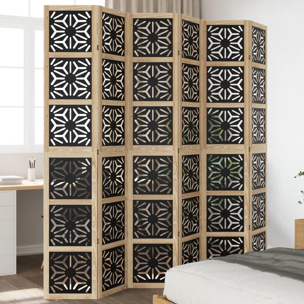 Biombo Separador 3 Paneles Madera Maciza Paulownia Marrón Negro