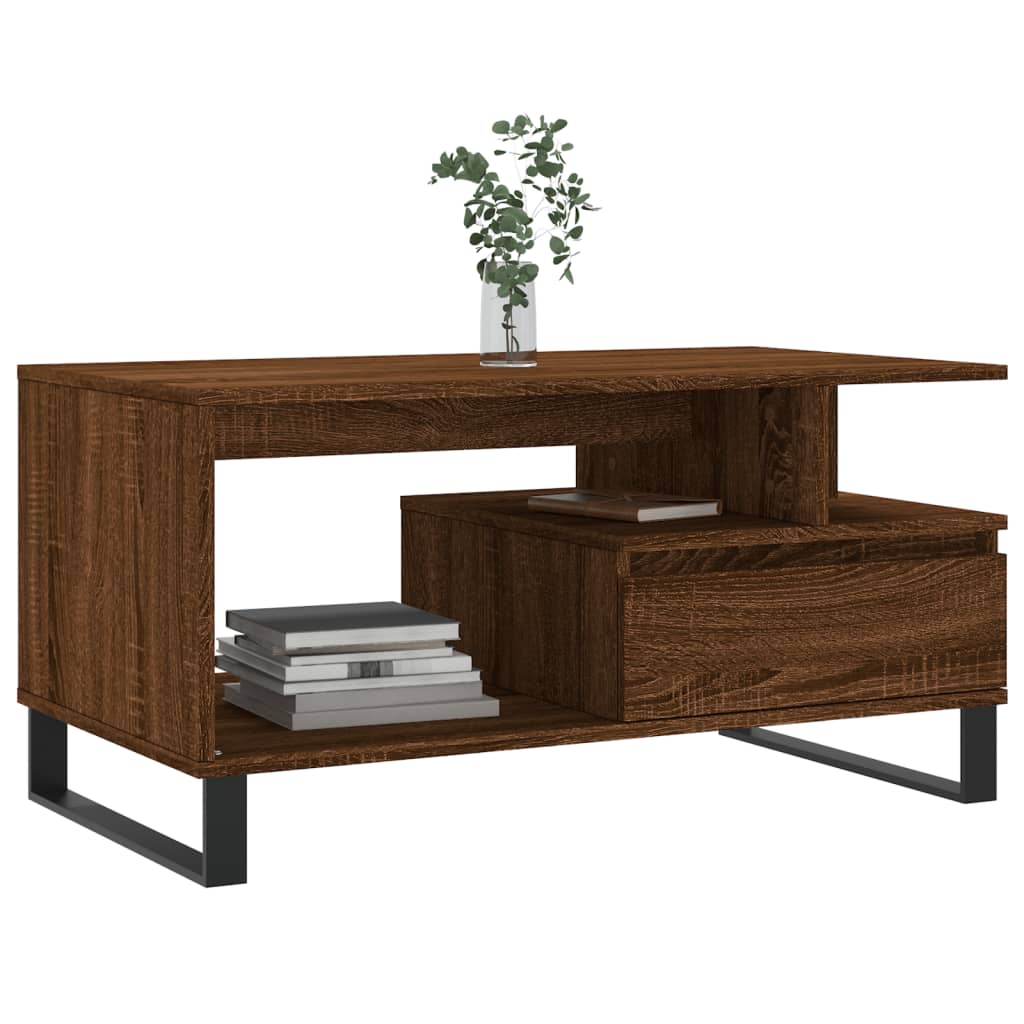 Mesa De Centro Madera Contrachapada Roble Marrón 90X49X45 Cm