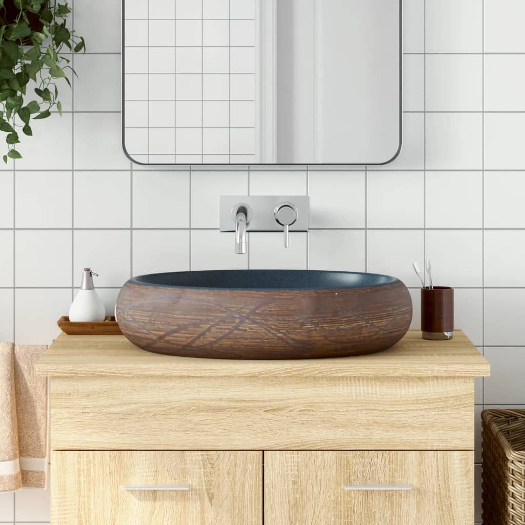 Lavabo Sobre Encimera Ovalado Cerámica Blanco Dorado 59X40X15Cm