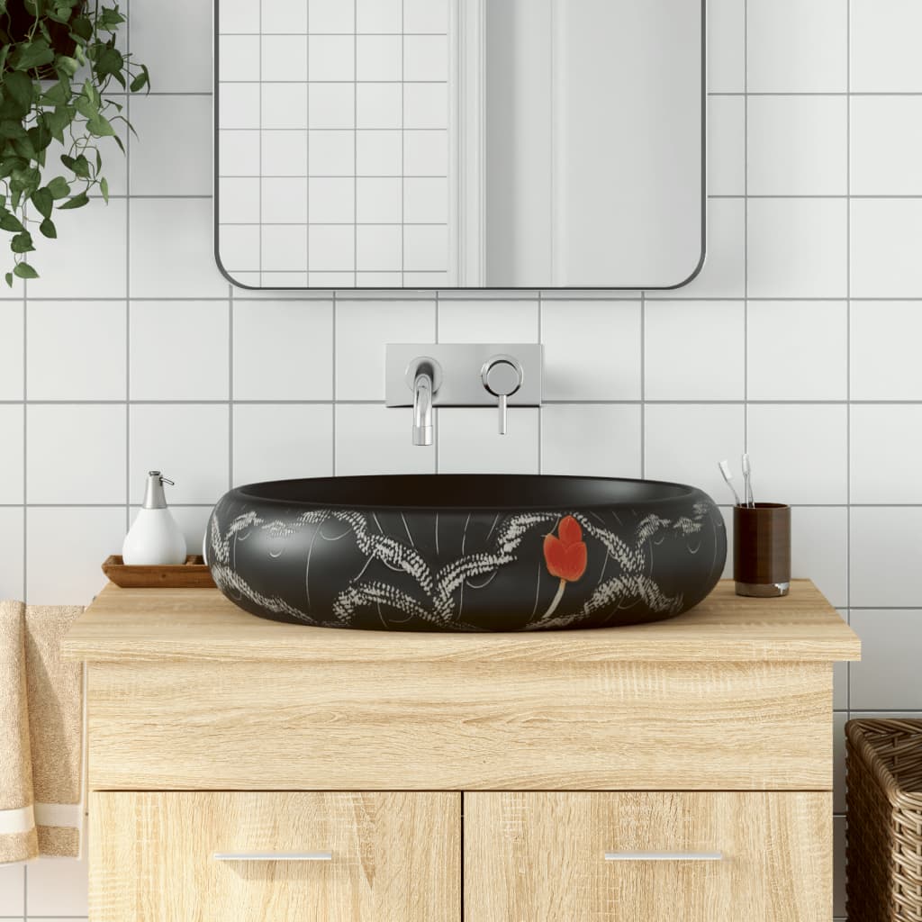 Lavabo Sobre Encimera Ovalado Cerámica Blanco Dorado 59X40X15Cm