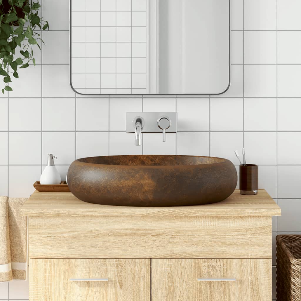 Lavabo Sobre Encimera Ovalado Cerámica Blanco Dorado 59X40X15Cm