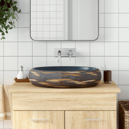 Lavabo Sobre Encimera Ovalado Cerámica Blanco Dorado 59X40X15Cm