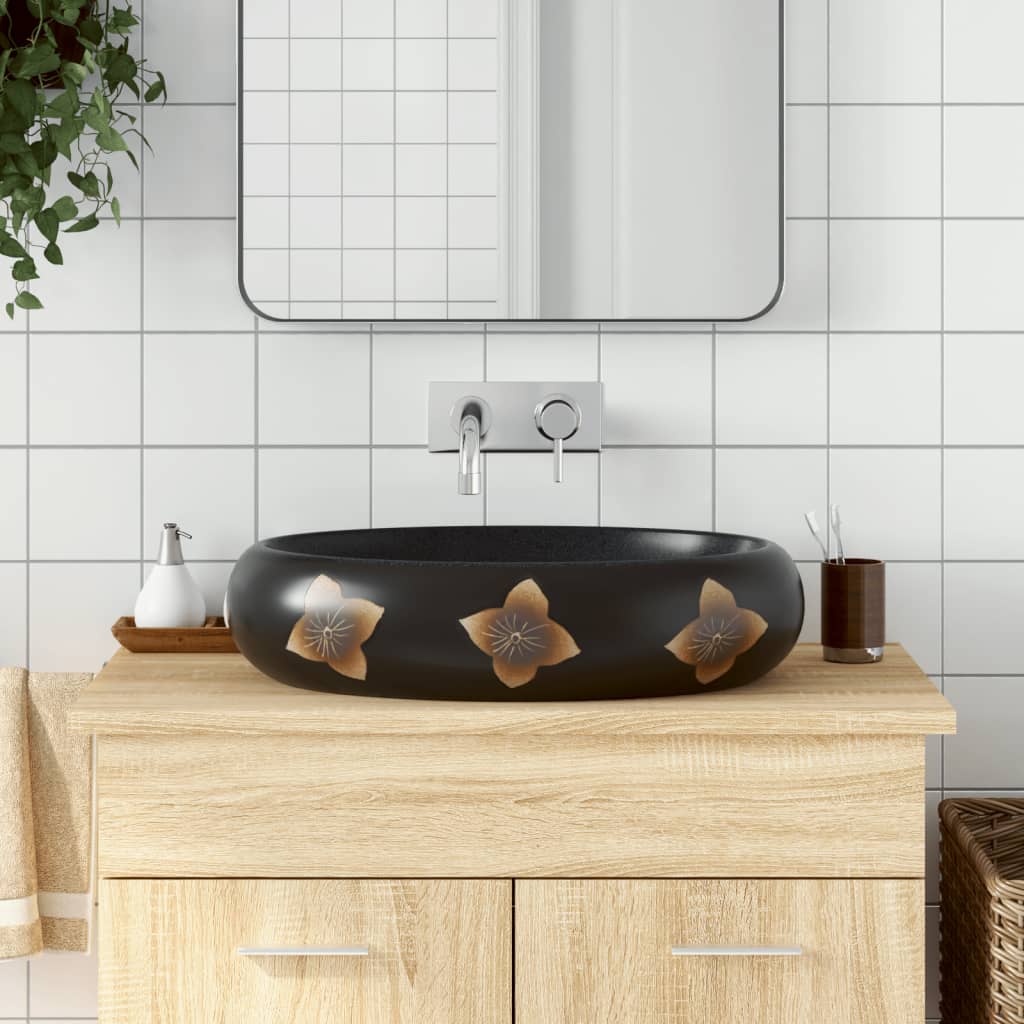 Lavabo Sobre Encimera Ovalado Cerámica Blanco Dorado 59X40X15Cm