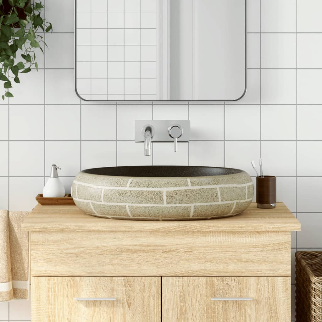 Lavabo Sobre Encimera Ovalado Cerámica Blanco Dorado 59X40X15Cm