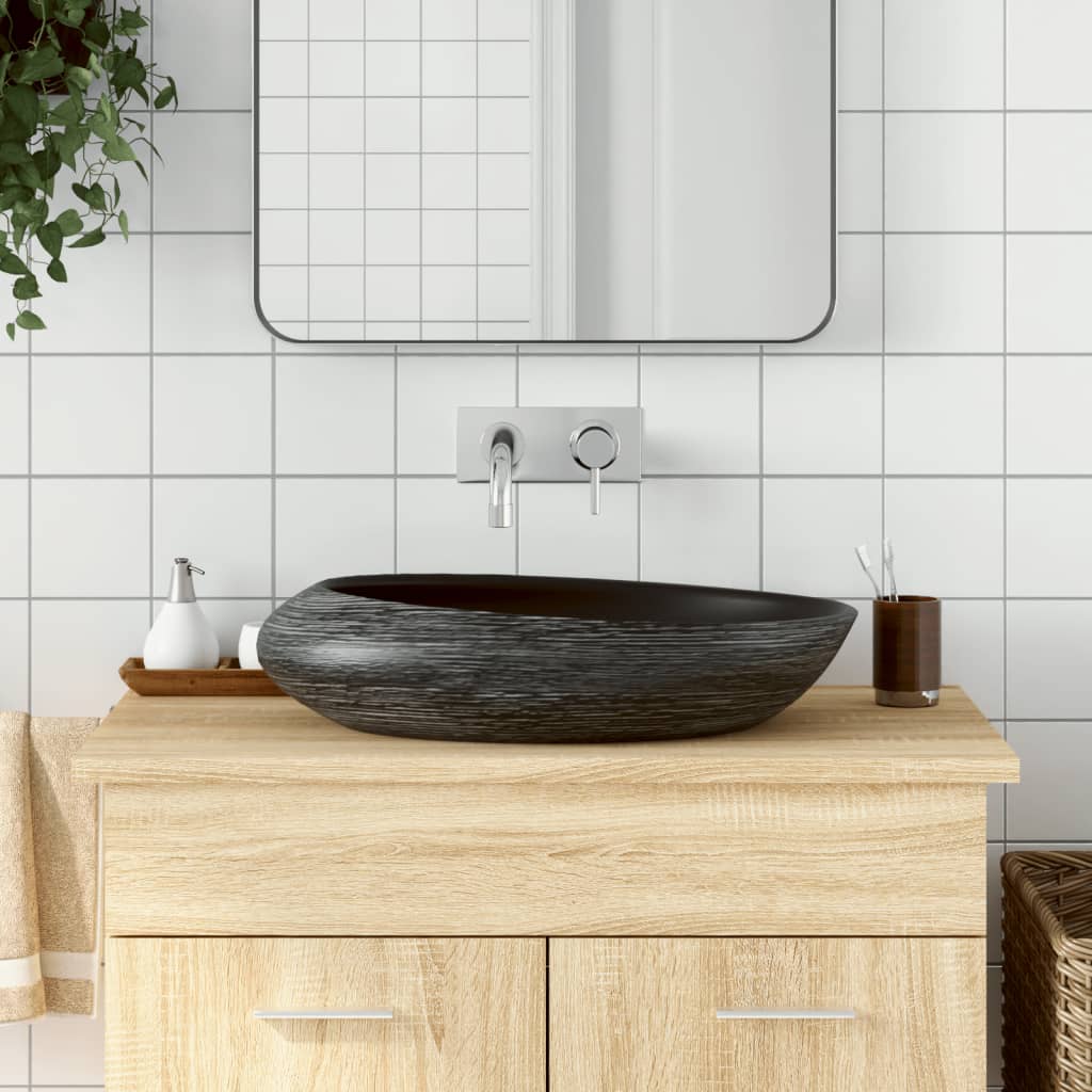 Lavabo Sobre Encimera Ovalado Cerámica Blanco Dorado 59X40X15Cm