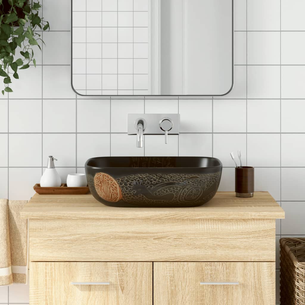Lavabo Sobre Encimera Ovalado Cerámica Blanco Dorado 59X40X15Cm