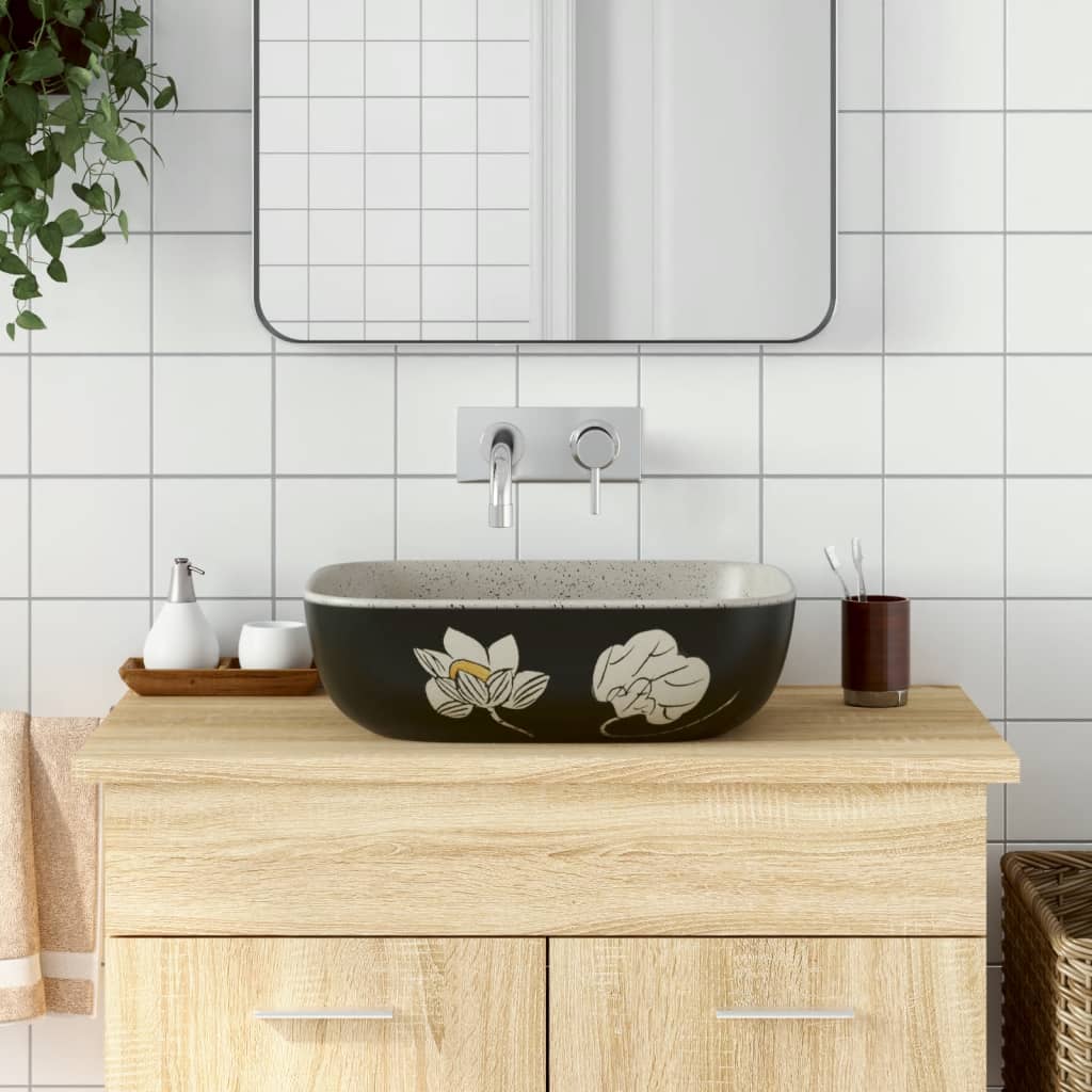 Lavabo Sobre Encimera Ovalado Cerámica Blanco Dorado 59X40X15Cm