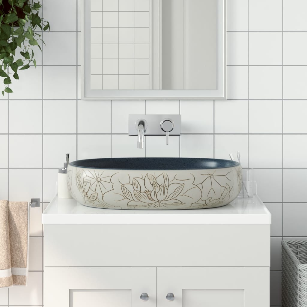 Lavabo Sobre Encimera Ovalado Cerámica Blanco Dorado 59X40X15Cm