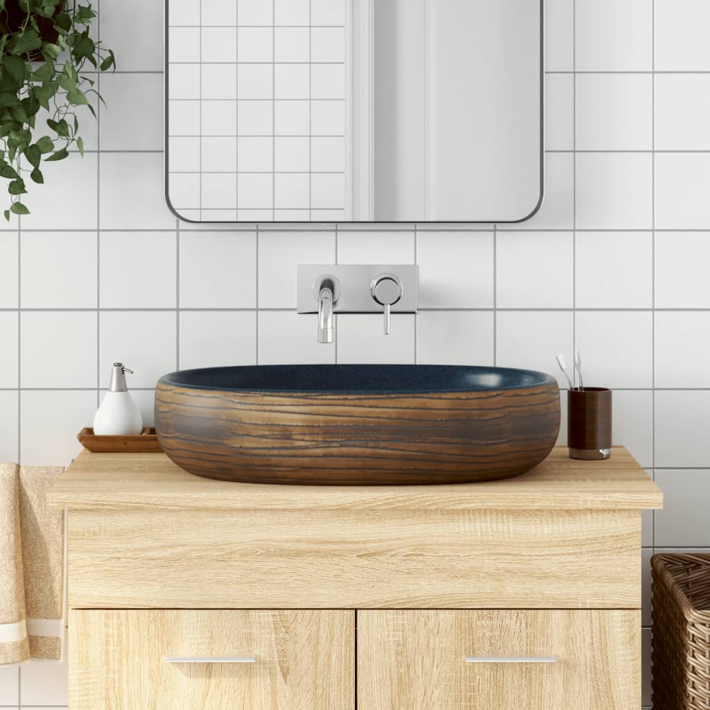 Lavabo Sobre Encimera Ovalado Cerámica Blanco Dorado 59X40X15Cm