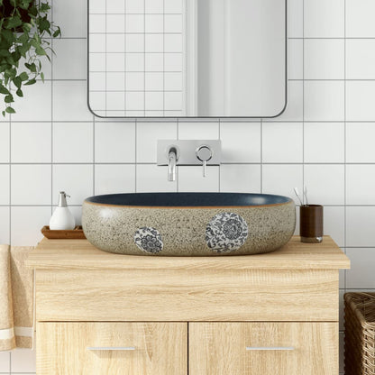 Lavabo Sobre Encimera Ovalado Cerámica Blanco Dorado 59X40X15Cm