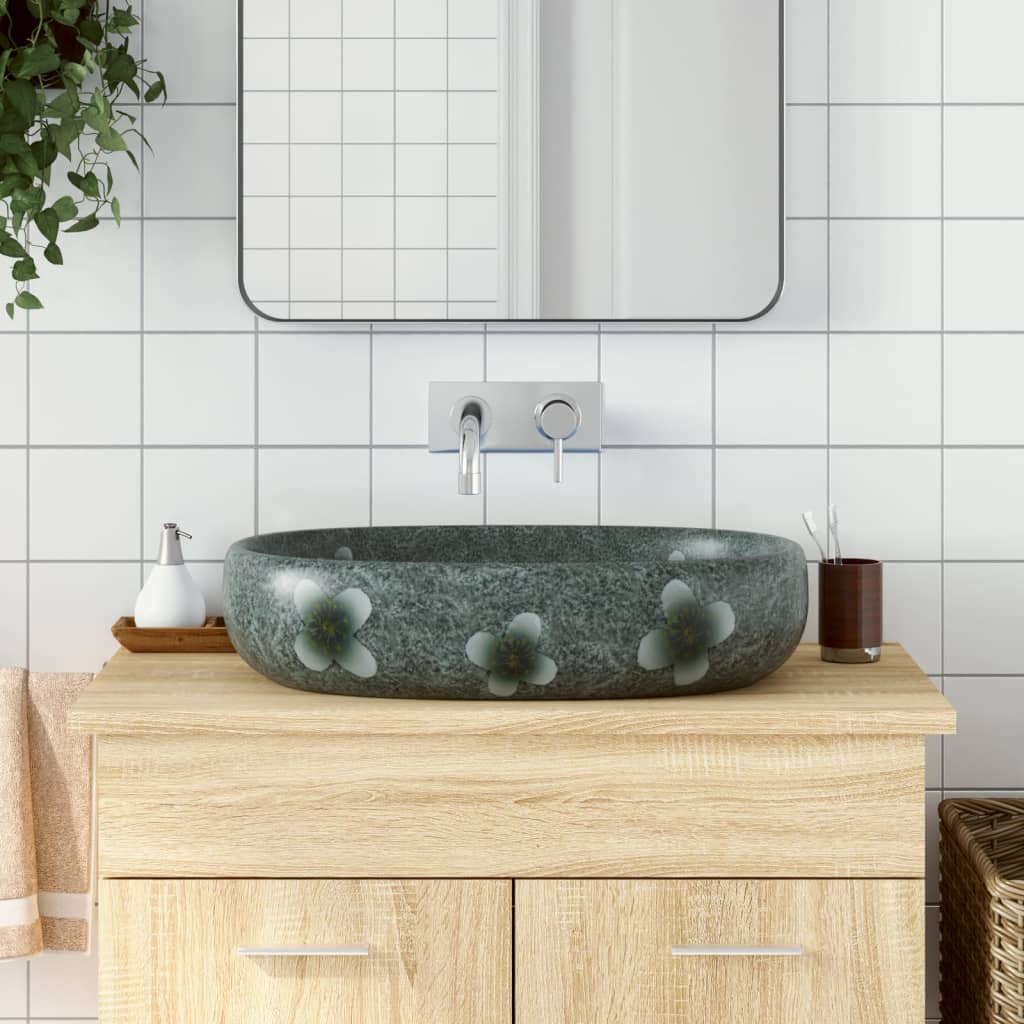Lavabo Sobre Encimera Ovalado Cerámica Blanco Dorado 59X40X15Cm