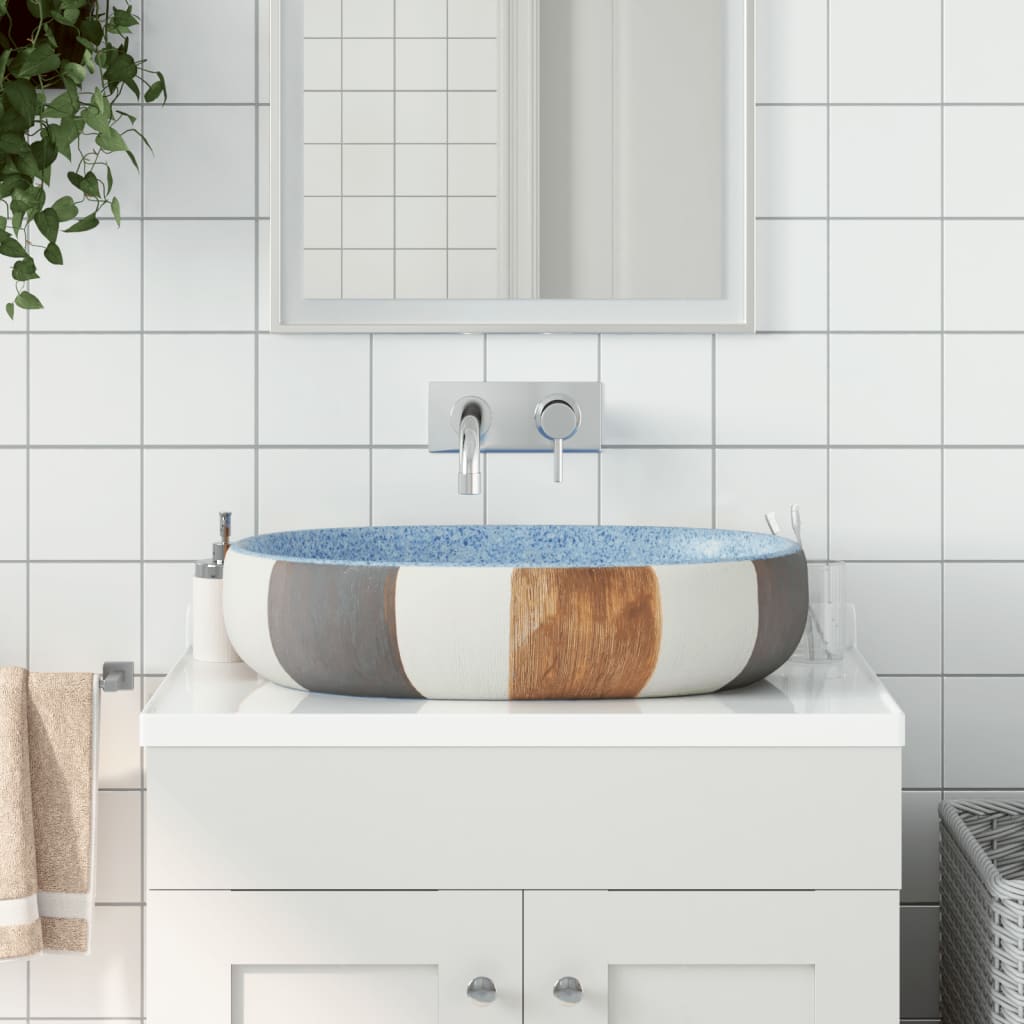 Lavabo Sobre Encimera Ovalado Cerámica Blanco Dorado 59X40X15Cm