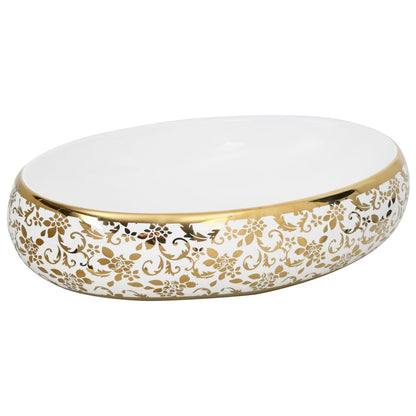 Lavabo Sobre Encimera Ovalado Cerámica Blanco Dorado 59X40X15Cm